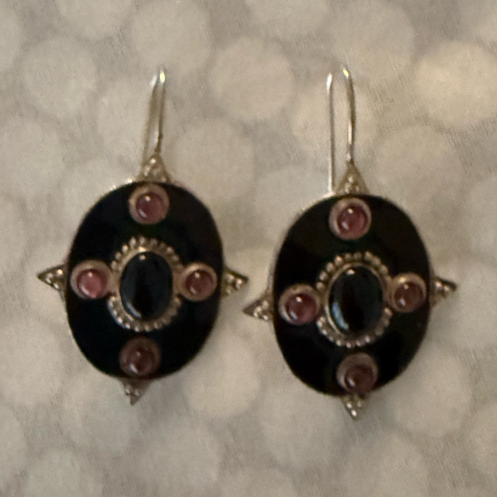 925 Sterling Silver Chic Black and Silver Earrings with Pink Accents